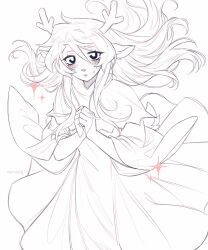 1girl animal_ears antlers artist_name blush bridal_gauntlets commentary commission deer_antlers deer_ears deer_girl deltarune english_commentary floating_hair freckles furry furry_female highres horns lineart looking_at_viewer minxinq noelle_holiday own_hands_together parted_lips robe small_sweatdrop solo sparkle