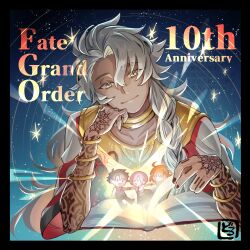 Rule 34 | 2boys, 2girls, absurdres, ahoge, anniversary, arm tattoo, armlet, armor, black bolo tie, black gloves, black hair, black nails, black vest, book, braid, chaldea uniform, closed mouth, collarbone, collared shirt, dark-skinned male, dark skin, deformed, doro (kura-chou), dress, english text, facing another, facing viewer, fate/grand order, fate (series), finger tattoo, flower knot, fujimaru ritsuka (female), fujimaru ritsuka (female) (fgo fes. 2025), fujimaru ritsuka (male), fujimaru ritsuka (male) (fgo fes. 2025), gloves, gold armor, hair between eyes, hair ornament, hair over one eye, hair over shoulder, hand tattoo, head rest, head tilt, highres, jewelry, long hair, long sleeves, looking at another, looking down, mash kyrielight, mash kyrielight (fgo fes. 2025), milestone celebration, multiple boys, multiple girls, neck ring, necktie, one side up, open book, open mouth, orange eyes, orange hair, pink hair, purple necktie, reading, ring, shirt, short hair, side ponytail, single braid, size difference, skirt, smile, solomon (fate), star (sky), tattoo, turning page, upper body, very long hair, vest, white dress, white hair, white shirt, yellow eyes