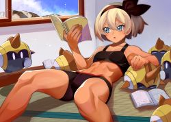 1girl bea_(pokemon) black_hairband blue_sky book cloud dark-skinned_female dark_skin falinks feet_out_of_frame gen_8_pokemon grey_eyes grey_hair gym_leader hairband highres katwo lying mountainous_horizon muscular muscular_female nintendo on_back pokemon pokemon_(creature) pokemon_swsh reading short_hair shorts sky sports_bra tatami toned window