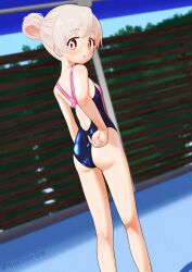 Rule 34 | 1girl, adjusting clothes, adjusting swimsuit, artist name, ass, bare arms, bare legs, bare shoulders, black one-piece swimsuit, blush, breasts, brown eyes, commentary, competition swimsuit, feet out of frame, from behind, grey hair, hair bun, hair up, happyundergate, highleg, highleg one-piece swimsuit, highres, kneepits, looking at viewer, looking back, multicolored hair, one-piece swimsuit, onii-chan wa oshimai!, oyama mahiro, parted lips, pink hair, pink one-piece swimsuit, racerback, single hair bun, small breasts, solo, standing, swimsuit, twitter username, two-tone hair, two-tone swimsuit, water drop