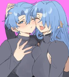2girls :t absurdres aochoku armpit_cutout asymmetrical_docking black_sweater blue_eyes blue_hair blush breast_press breasts cheek-to-cheek closed_eyes closed_mouth clothing_cutout ear_piercing earrings hair_between_eyes hair_over_one_eye hand_on_another&#039;s_head heads_together highres jewelry large_breasts leona_(aochoku) leone_(aochoku) long_hair long_sleeves multiple_girls one_eye_closed open_mouth original piercing simple_background sketch stud_earrings sweater turtleneck upper_body