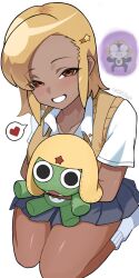 1girl angol_mois angry blush breasts brown_eyes character_doll collared_shirt commentary_request dark-skinned_female dark_skin doll gyaru hair_ornament hairclip hat heart highres holding holding_doll keroro keroro_gunsou kogal kohiru_atsuku large_breasts o_o open_mouth red_star school_uniform shirt short_sleeves shoshinsha_mark sitting spoken_heart star_(symbol) tamama wariza