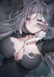 1girl absurdres animal_ear_fluff animal_ears black_choker black_dress black_gloves blue_archive breasts bullet choker cleavage commentary_request cross_hair_ornament dress extra_ears gloves hair_behind_ear hair_between_eyes hair_intakes hair_ornament hair_over_one_eye hair_spread_out highres kuroshiro_kanae large_breasts light_blush long_hair lying on_back outstretched_hand shiroko_(blue_archive) shiroko_terror_(blue_archive) solo upper_body white_hair wolf_ears