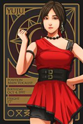 1girl armlet artist_name_(singer) belt black_shorts brown_eyes brown_hair closed_mouth commentary cowboy_shot earrings eyeshadow gfriend hand_on_own_hip highres jewelry k-pop makeup necklace ponytail real_life red_eyeshadow renzengeki shirt shorts single-shoulder_shirt solo yuju_(gfriend)