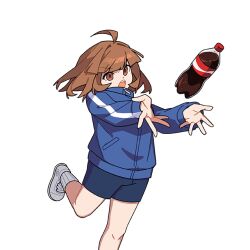 1girl ahoge blue_jacket blue_shorts bottle brown_eyes brown_hair cola im_hyeon-ji jacket long_sleeves medium_hair official_art open_mouth shoes shorts simple_background sneakers socks soda_bottle solo standing standing_on_one_leg teeth track_jacket white_background white_socks zombie_high_school