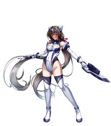 1futa bare_shoulders blush boots breasts brown_eyes brown_hair bulge cleavage commentary_request covered_penis detached_sleeves dual_wielding exs-tia_spica full_body futanari gem genderswap genderswap_(mtf) gloves green_gemstone gunblade highleg highleg_leotard highres holding holding_weapon katsuragi_souma kouyoku_senki_exs-tia kozu_rokuta large_breasts leotard long_hair low_twintails magical_girl red_ribbon ribbon simple_background solo thighhighs twintails very_long_hair weapon white_background white_gloves
