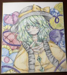 1girl absurdres black_hat blush bow closed_mouth commentary_request flower green_eyes green_hair hat hat_bow heart highres komeiji_koishi long_sleeves looking_at_viewer mensoreimuremu rose short_hair smile solo third_eye touhou traditional_media wide_sleeves yellow_bow