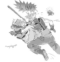 1boy 1girl aerith_gainsborough armor baggy_pants belt blush boots braid braided_ponytail cloud_strife cropped_jacket dress english_text final_fantasy final_fantasy_vii final_fantasy_vii_rebirth final_fantasy_vii_remake gloves greyscale hair_ribbon highres holding holding_knife holding_staff jaysoysaucee knife long_dress long_hair monochrome multiple_belts pants ribbon short_hair shoulder_armor single_bare_shoulder single_braid single_shoulder_pad sketch sleeveless sleeveless_turtleneck spiked_hair staff suspenders sweatdrop tonberry turtleneck white_background