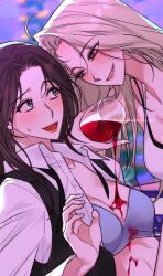 Rule 34 | 2girls, alcohol, bb tan1221, black vest, blonde hair, blue bra, blue eyes, bra, breasts, brown eyes, brown hair, cha iseul, commentary request, cup, drinking glass, drunken my boss, highres, holding, holding cup, kang sori, korean commentary, long hair, multiple girls, open clothes, open mouth, open shirt, pouring onto another, red wine, shirt, small sweatdrop, smile, underwear, vest, white shirt, wine, wine glass