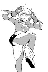 1girl angel_(kof) ass boots breasts cleavage female_focus fingerless_gloves gloves huge_ass jacket large_breasts leather leather_gloves leather_jacket leg_up pale_skin panties short_hair standing standing_on_one_leg the_king_of_fighters thick_thighs thighs tongue tongue_out tsukiiraw underwear white_hair wide_hips