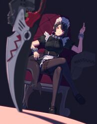 Rule 34 | 1girl, 3:, apron, belt, black pantyhose, breasts, chair, dress, ellen joe, fins, fish tail, frilled dress, frills, highres, large breasts, looking at viewer, maid, maid apron, maid headdress, muranomiro, on chair, pantyhose, red eyes, shark girl, shark tail, shoes, short hair, sitting, tail, weapon, wrist cuffs, zenless zone zero