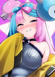 1girl absurdres blue_hair blush bow-shaped_hair breasts character_hair_ornament gen_1_pokemon grey_pantyhose hair_ornament hexagon_print highres iono_(pokemon) jacket long_hair long_sleeves looking_at_viewer magnemite multicolored_hair nintendo open_mouth oversized_clothes pantyhose pink_hair pokemon pokemon_sv pon_tanuki_(ga7fsrge9jxblaw) sharp_teeth sleeveless sleeves_past_fingers sleeves_past_wrists smile split-color_hair teeth two-tone_hair upper_body very_long_sleeves yellow_jacket