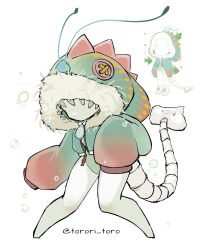 Rule 34 | 1girl, animal hood, colored skin, copyright request, cropped jacket, dinosaur hood, faceless, faceless female, fur-trimmed hood, fur-trimmed jacket, fur trim, green jacket, green leotard, highres, hood, hood up, hooded jacket, jacket, leotard, pigeon-toed, reference inset, skeletal tail, sleeves past fingers, sleeves past wrists, solo, tail, torori toro (oimo kenpi), white skin