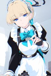 1girl apron blonde_hair blue_archive blue_eyes breasts commentary_request halo highres looking_at_viewer maid maid_apron maid_headdress medium_breasts medium_hair solo sspqdn toki_(blue_archive)