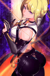 1girl ass black_choker black_pants blonde_hair breasts chest_harness choker closed_mouth commentary_request elbow_gloves evelyn_chevalier from_behind gloves harness highres large_breasts looking_at_viewer looking_back mole mole_under_eye pants partially_fingerless_gloves purple_eyes shirt sleeveless sleeveless_shirt solo tight_clothes tight_pants white_shirt yuu_(primenumber7) zenless_zone_zero