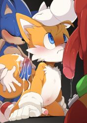 3boys animal_ears blue_eyes blue_fur blush closed_eyes commentary completely_nude cum cum_on_tail english_commentary erection foreskin fox_boy fox_ears fox_tail furry furry_male furry_with_furry gloves group_sex hand_on_another&#039;s_head hedgehog_boy kneeling knuckles_the_echidna male_focus manmosu_marimo mmm_threesome multiple_boys multiple_tails navel nude open_mouth paid_reward_available penis phimosis precum red_fur shota sonic_(series) sonic_the_hedgehog tail tailjob tails_(sonic) testicles threesome two_tails uncensored wavy_mouth white_gloves yaoi yellow_fur