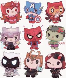 1girl anger_vein angry animal_ears animal_nose animal_print arc_reactor armor avengers_(series) bare_shoulders belt black_belt black_bodysuit black_boots black_bow black_eyes black_gloves black_hair black_pants black_shirt black_shoes black_widow black_widow_(cosplay) blonde_hair blue_bodysuit blue_gemstone bodystocking bodysuit boots bow brown_belt cape captain_america captain_america_(cosplay) cat cat_ears cat_girl collared_shirt cosplay crescent crescent_ornament crossover ear_bow elbow_gloves eyelashes fake_horns fingerless_gloves full_armor full_body gem ghostwurlds gloves green_cape green_cat grey_cape hair_bow hammer hand_up hello_kitty hello_kitty_(character) helmet high_heel_boots high_heels holding holding_hammer holding_scepter holding_shield holding_weapon horns hulk hulk_(cosplay) iron_man iron_man_(cosplay) leotard lightning lightning_bolt_symbol loki_(marvel) loki_(marvel)_(cosplay) long_hair long_sleeves looking_at_viewer looking_up marvel marvel_cinematic_universe mask mask_on_head mechanical_wings medium_hair mjolnir_(marvel) moon_knight moon_knight_(cosplay) moon_knight_(disney+) multicolored_armor multiple_views natasha_romanoff no_mouth one_eye_closed orange_hair pants power_armor purple_shorts red_armor red_bodysuit red_boots red_cape red_eyes red_gloves red_hair red_leotard red_mask sanrio scarlet_witch scarlet_witch_(cosplay) scepter shield shirt shoes short_hair shorts simple_background sleeveless sleeveless_shirt spider-man spider-man_(cosplay) spider-man_(series) spider_print spider_web_print standing star_(symbol) star_print superhero_costume thor_(marvel) thor_(marvel)_(cosplay) topless_female two-tone_bodysuit vertical-striped_bodysuit wanda_maximoff wavy_hair weapon white_background white_bodysuit white_cat wings yellow_armor