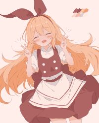Rule 34 | 1girl, :d, absurdres, apron, back bow, blonde hair, blush, bow, buttons, closed eyes, commentary request, cowboy shot, double v, ellen (touhou), flat chest, hairband, highres, iris-san, long hair, open mouth, puffy short sleeves, puffy sleeves, red bow, red hairband, red ribbon, red sash, red skirt, red vest, ribbon, sash, shirt, short sleeves, skirt, smile, solo, touhou, touhou (pc-98), turtleneck, v, very long hair, vest, waist apron, white apron, white shirt