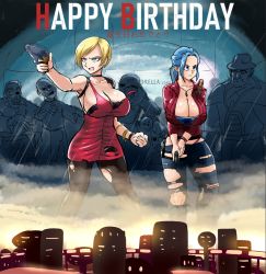 Rule 34 | 2girls, ada wong, ada wong (cosplay), android 18, artist collaboration, black bra, black legwear, blonde hair, blue eyes, bra, breasts, bulma, choker, claire redfield, claire redfield (cosplay), clenched hand, commentary, cosmicdairy, cosplay, darm engine, denim, dog tags, dragon ball, dragonball z, dress, english commentary, finger on trigger, gun, hair pulled back, handgun, happy birthday, huge breasts, jacket, jeans, leather, leather jacket, mr. x (metal gear), multiple girls, nappa, pants, pantyhose, pistol, ponytail, red jacket, resident evil, resident evil 2, resident evil 2 (remake), short dress, short hair, strapless, strapless bra, swept bangs, torn clothes, torn dress, torn jeans, torn legwear, torn pants, underwear, weapon, zombie