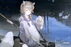 1girl absurdres animal animal_ears arknights arms_at_sides bandaid braid brown_hair closed_mouth commentary_request contrail_(arknights) dated earbuds earphones gradient_hair grey_jacket hairband highres hood hoodie jacket multicolored_hair purple_hair purple_hairband purple_hoodie qiumoyixing red-framed_eyewear semi-rimless_eyewear signature single_earphone_removed solo twin_braids water wireless_earphones
