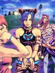 1boy arm_tattoo armband blue_eyes blue_hair boots brown_hair collar cone_hair_bun cuffs double_bun fishnet_top fishnets foo_fighters_(jojo) hair_bun handcuffs hat highres horned_hat jojo_no_kimyou_na_bouken keiimajima02 kuujou_jolyne long_hair multicolored_hair narciso_anasui pink_hair realistic red_hair short_hair showgirl_skirt sky spider_web_print stone_ocean sun tattoo thigh_boots two-tone_hair wristband