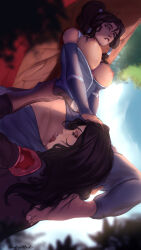 2girls artist_name asami_sato avatar_legends bare_shoulders barefoot belt blue_eyes breasts breasts_out brown_hair clothes_pull cunnilingus dark-skinned_female dark_skin day dutch_angle elbow_gloves feet gloves green_eyes hair_tubes hand_in_another&#039;s_hair hand_on_another&#039;s_head high_ponytail highres holy_meh interracial korra large_breasts long_hair mole mole_under_eye multiple_girls nipples no_panties oral outdoors ponytail pussy tan the_legend_of_korra tree uncensored yuri