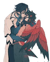 Rule 34 | 2boys, bird boy, bird tail, bird wings, black hair, blue eyes, butterfly earrings, chinese commentary, coat, commentary request, cowboy shot, earrings, extra arms, eye contact, feathered wings, head wings, highres, hug, jewelry, looking at another, male focus, multiple boys, original, pink shirt, pointy ears, pushing away, red wings, shirt, short hair, shuini xiaomao, simple background, tail, white background, wings, yaoi