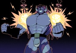 Rule 34 | 1boy, clenched hands, commentary request, cowboy shot, crotch plate, grin, hasami (hasami25), horns, kinnikuman, large pectorals, long hair, male focus, mask, muscular, muscular male, pants, pectorals, smile, solo, torn clothes, torn pants, very long hair, voltman