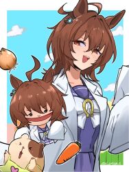 Rule 34 | 1girl, :d, agnes tachyon (umamusume), ahoge, animal ears, border, bow, bowtie, brown hair, carrot, commentary request, earrings, guinea pig, hair between eyes, hand puppet, highres, holding, holding paper, horse ears, horse girl, horseshoe ornament, jewelry, light blush, looking at viewer, medium hair, messy hair, open mouth, outside border, paper, pleated skirt, puppet, purple sailor collar, purple shirt, purple skirt, red eyes, riko (ri cotta c), sailor collar, school uniform, shirt, sidelocks, single earring, skirt, sleeves past fingers, sleeves past wrists, smile, solo, tracen school uniform, twitter username, umamusume, upper body, white border, white bow, white bowtie, winter uniform