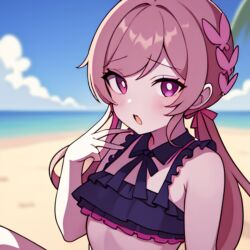 anime_girl blush bow highres pig_tail pink_eyes pink_hair shyne_morales swimsuit tail tuyu_(band) under_heroine_(tuyu) under_mentality