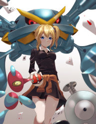 1girl absurdres alternate_color blonde_hair blouse blue_eyes breasts card clothes_around_waist collared_shirt commentary_request crossover gen_1_pokemon gen_3_pokemon gen_4_pokemon hair_ornament hair_scrunchie hayasaka_ai highres holding holding_poke_ball kaguya-sama_wa_kokurasetai_~tensai-tachi_no_renai_zunousen~ long_hair long_sleeves magnemite mega_metagross mega_pokemon metagross nintendo playing_card poke_ball poke_ball_(basic) pokemon pokemon_(creature) porygon-z school_uniform scrunchie shiny_pokemon shirt shuuchiin_academy_school_uniform side_ponytail sidelocks white_shirt yofo