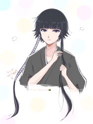 1girl bee black_hair black_kimono bleach blunt_bangs braid braiding_hair bug closed_mouth cropped_torso grey_eyes hairdressing hands_up happy_melon4311 highres insect japanese_clothes kimono looking_at_viewer messy_hair short_hair_with_long_locks simple_background sleepy solo squeans sui-feng three-quarter_sleeves translation_request twin_braids twitter_username