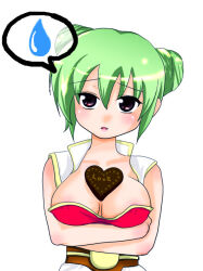 1girl arms_under_breasts black_eyes blush breasts candy champion_(ragnarok_online) chocolate chocolate_heart cleavage coat commentary_request double_bun food green_hair hair_bun heart heart-shaped_food large_breasts looking_at_viewer nerine_aki open_mouth ragnarok_online red_shirt shirt short_hair simple_background sleeveless sleeveless_coat solo spoken_sweatdrop sweatdrop upper_body valentine white_background white_coat
