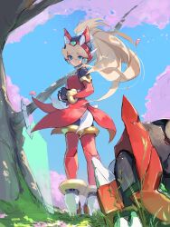 1girl absurdres blonde_hair blue_eyes broken_helmet cherry_blossoms ciel_(mega_man) dress forehead_jewel from_behind full_body helmet high_ponytail highres long_hair looking_at_viewer looking_back mega_man_(series) mega_man_zero_(series) omochi_(mochi_skymega) pink_petals ponytail red_dress red_helmet solo unworn_headwear unworn_helmet zero(z)_(mega_man) zero_(mega_man)