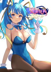absurdres agedashi_doufu_mk23 animal_ear_hairband animal_ears black_pantyhose blue_bow blue_bowtie blue_eyes blue_hair blue_leotard bow bowtie breasts cleavage detached_collar fake_animal_ears hair_ribbon hairband highleg highleg_leotard highres index_finger_raised large_breasts leotard long_hair original pantyhose playboy_bunny rabbit_ears rabbit_tail ribbon simple_background strapless strapless_leotard tail two_side_up white_background