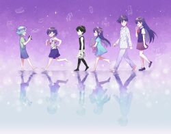 2girls 4boys :d ;d ^_^ antenna_hair arm_at_side aubrey_(headspace)_(omori) aubrey_(omori) bare_arms bare_legs bare_shoulders barefoot basil_(headspace)_(omori) basil_(omori) black_hair black_tank_top black_thighhighs blue_dress blue_flower blue_hair blue_overalls blue_rose brother_and_sister brothers brown_skirt camera checkered_clothes checkered_shirt closed_eyes closed_mouth collared_shirt colored_skin double-parted_bangs dress facing_another facing_viewer flower flower_wreath full_body green_shirt grin hair_behind_ear hair_between_eyes head_wreath hero_(headspace)_(omori) hero_(omori) highres holding holding_camera holding_knife holding_stuffed_toy jandara_rin kel_(headspace)_(omori) kel_(omori) knees_together_feet_apart knife light_particles long_hair long_sleeves looking_at_viewer mari_(headspace)_(omori) mari_(omori) mary_janes miniskirt mr._plantegg_(omori) multiple_boys multiple_girls no_shoes omori omori_(omori) one_eye_closed open_mouth over-kneehighs overall_shorts overalls pants pink_flower pink_rose pleated_skirt profile purple_background purple_eyes purple_flower purple_hair purple_shoes purple_shorts purple_sweater_vest reflective_floor rose shirt shoes short_dress short_hair short_sleeves shorts siblings simple_background skirt sleeveless sleeveless_shirt smile sparkle standing standing_on_one_leg straight_hair striped_clothes striped_pants striped_shirt striped_shorts stuffed_eggplant stuffed_toy sweater_vest tank_top thighhighs vertical-striped_clothes vertical-striped_pants vertical-striped_shirt vertical-striped_shorts very_long_hair very_short_hair walking white_pants white_shirt white_shorts white_skin