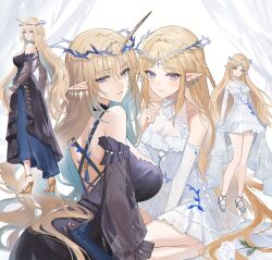 2girls alternate_costume bare_legs bare_shoulders black_dress blonde_hair blue_eyes blue_hair blush breasts cartethyia_(wuthering_waves) closed_mouth colored_inner_hair commentary crown_of_thorns dress dual_persona earrings fleurdelys_(wuthering_waves) floating_earrings fractalmagnolia gold_shoes high_heels highres horns huge_breasts jewelry large_breasts legs long_hair long_horns looking_at_viewer multicolored_hair multiple_girls multiple_views parted_lips pointy_ears shoes sidelocks single_horn tacet_mark_(wuthering_waves) thighs very_long_hair white_dress wuthering_waves yellow_horns