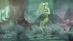1girl alien arm_behind_head artist_request blue_eyes breasts chain chain_leash cleavage collar colored_skin curvy dungeon full_body green_skin highres indoors large_breasts leash lekku_(anatomy) looking_to_the_side navel no_humans oola purple_lips revealing_clothes signature slave solo standing standing_on_one_leg star_wars teeth thong tiptoes trapped twi&#039;lek wide_hips