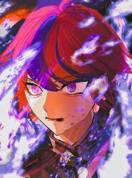 Rule 34 | 1boy, ahoge, black jacket, blood, blood on face, blue eyes, blue hair, commentary request, film grain, highres, jacket, last defense academy school uniform, male focus, multicolored hair, nanase (void4tai), open mouth, portrait, red hair, sanpaku, school uniform, short hair, solo, streaked hair, sumino takumi, the hundred line -last defense academy-, tsurime, two-tone hair