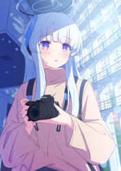 1girl absurdres alternate_costume aot. blue_archive blunt_bangs blunt_ends brown_shirt camera commentary halo highres holding holding_camera long_hair mechanical_halo noa_(blue_archive) parted_lips purple_eyes shirt sidelocks solo white_hair