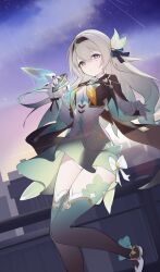 1girl afaalphaxd black_hairband black_thighhighs breasts bridal_gauntlets building closed_mouth dress firefly_(honkai:_star_rail) foot_out_of_frame green_dress grey_hair hair_between_eyes hair_ornament hairband highres holding honkai:_star_rail honkai_(series) long_hair long_sleeves multiple_girls neckerchief orange_neckerchief pink_eyes sky solo standing standing_on_one_leg star_(sky) starry_sky thighhighs thighs