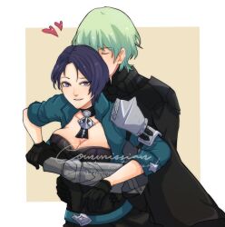 Rule 34 | 1boy, 1girl, armor, black gloves, blue hair, breasts, cleavage, closed eyes, commission, couple, fire emblem, fire emblem: three houses, gloves, heart, hetero, highres, hug, hug from behind, large breasts, male byleth (enlightened) (fire emblem), male byleth (fire emblem), nintendo, pauldrons, purple eyes, raised eyebrow, shamir nevrand, short hair, shoulder armor, sierra117renner, single pauldron, smile, upper body
