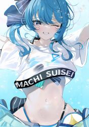 Rule 34 | 1girl, absurdres, adapted costume, arms up, bikini, blue eyes, blue hair, blush, breasts, character name, clothes writing, collarbone, cropped arms, hair between eyes, highres, hololive, hololive dance practice uniform, hololive summer 2023 swimsuit, hoshimachi suisei, looking at viewer, midriff, multi-strapped bikini bottom, navel, one eye closed, onigirimeshitya, smile, solo, star (symbol), star in eye, sweat, sweaty clothes, swimsuit, symbol in eye, upper body, virtual youtuber