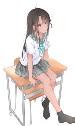 1girl absurdres black_hair black_socks blue_bow blue_neckerchief blush bow breasts brown_eyes closed_mouth desk grey_sailor_collar hair_ornament highres kutatsu_(kutatsu7) long_hair looking_at_viewer neckerchief on_desk original pleated_skirt sailor_collar school_desk school_uniform shirt short_sleeves simple_background sitting skirt small_breasts socks solo white_background white_shirt yuki_(kutatsu)