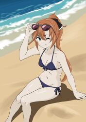 1girl absurdres adjusting_eyewear akigumo_(kancolle) arm_support beach bikini black_bikini bone_namu(namu49850) breasts brown_hair collarbone front-tie_bikini_top front-tie_top green_eyes groin hair_between_eyes hair_ribbon halterneck hand_on_eyewear highres kantai_collection long_hair looking_at_viewer medium_breasts mole navel one_eye_closed outdoors ponytail ribbon side-tie_bikini_bottom sitting smile solo string_bikini sunglasses swimsuit waves