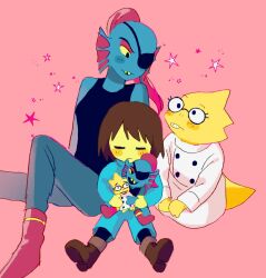 1other 2girls alphys beryllium_game black_tank_top blue_jumpsuit blue_skin boots brown_boots character_doll coat colored_sclera colored_skin commentary_request doll eyepatch fins fish_girl frisk_(undertale) head_fins highres holding holding_doll jumpsuit lab_coat lizard_tail long_hair multiple_girls pink_background ponytail red_hair reptile_girl sitting star_(symbol) tail tank_top undertale undyne white_coat yellow_sclera yellow_skin