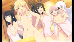 5girls absurdres asuka_(senran_kagura) black_hair blonde_hair blood blue_eyes blunt_bangs blush breasts brown_eyes cleavage closed_eyes completely_nude convenient_censoring covering_another&#039;s_breasts cross-shaped_pupils eyepatch game_cg green_eyes hair_ribbon hand_on_own_face hands_on_own_hips hibari_(senran_kagura) highres ikaruga_(senran_kagura) katsuragi_(senran_kagura) large_breasts long_hair looking_at_another medium_hair multiple_girls naked_towel navel non-web_source nosebleed nude official_art onsen open_mouth pillarboxed pink_hair ponytail ribbon senran_kagura senran_kagura_burst smile sweatdrop symbol-shaped_pupils towel towel_around_neck white_hair white_ribbon yaegashi_nan yagyu_(senran_kagura)