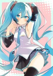 Rule 34 | 1girl, absurdres, aqua eyes, aqua hair, aqua necktie, armpits, black skirt, black thighhighs, blush, breasts, closed mouth, detached sleeves, hair between eyes, hair ornament, hatsune miku, highres, long hair, long sleeves, medium breasts, meruko-san, miniskirt, necktie, presenting armpit, shirt, simple background, skirt, solo, thighhighs, twintails, vocaloid, white shirt, zettai ryouiki