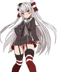 Rule 34 | 1girl, amatsukaze (kancolle), black panties, brown dress, commentary request, dress, garter straps, hair tubes, hat, highres, kantai collection, lifebuoy, long hair, mini hat, original remodel (kantai collection), panties, pleated dress, red thighhighs, sailor dress, see-through clothes, short dress, silver hair, simple background, smokestack hair ornament, solo, standing, striped clothes, striped thighhighs, swim ring, takanashi kei (hitsujikan), thighhighs, two side up, underwear, white background