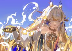 1girl absurdres arknights bare_shoulders bead_necklace beads blue_sky breasts chinese_hairpin closed_eyes closed_mouth dragon_girl dragon_horns earrings eastern_dragon_horns hair_between_eyes hair_ornament highres holding holding_sword holding_weapon horns jewelry long_sleeves necklace pointy_ears shirt shu_(arknights) sky small_breasts smile solo strapless strapless_shirt sword tassel tassel_earrings thannlong tube_top weapon white_hair white_tube_top